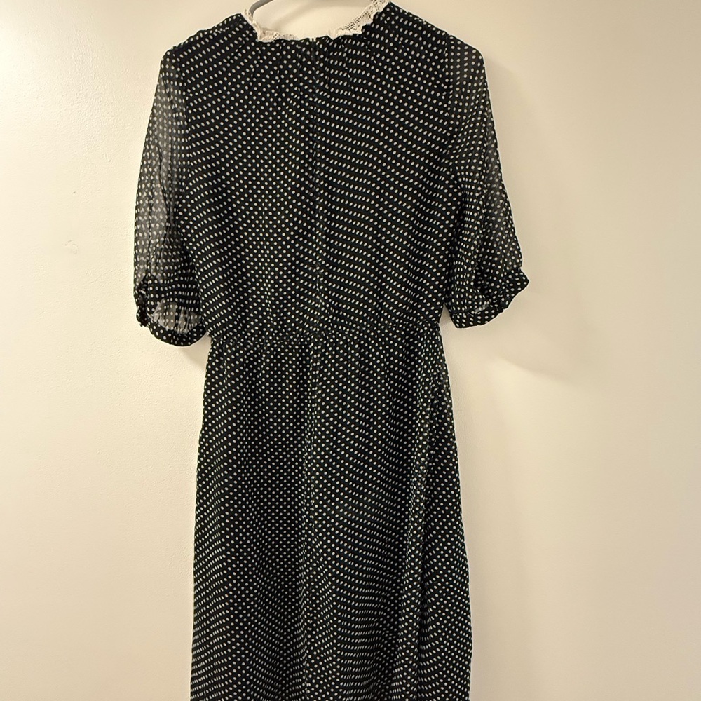 Elegant European Thrifted Black and White Polka Dot Midi Dress